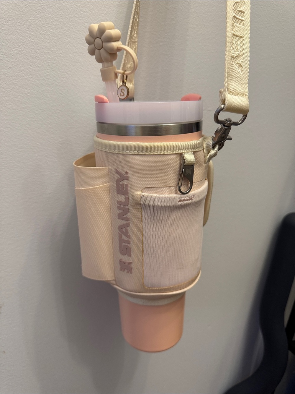 Stanley Cream and Pink Crossbody Bottle Carrier with Adjustable Strap